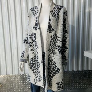 Picadilly Long Open Front Cardigan Womens Small White Black Fuzzy Soft